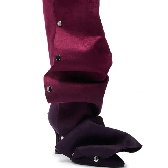 Azalea Wang Imogine Purple Ruched Knee High Boots Stud Snap Stiletto Multiple Sz - Picture 1 of 7